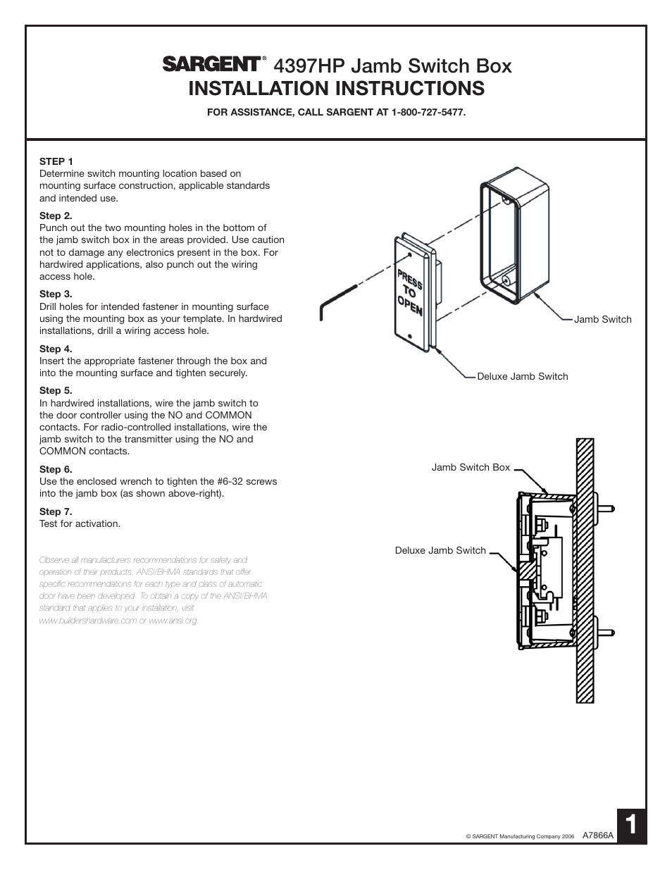 SARGENT 4370 - 4379 Key Switches User Manual | 2 pages