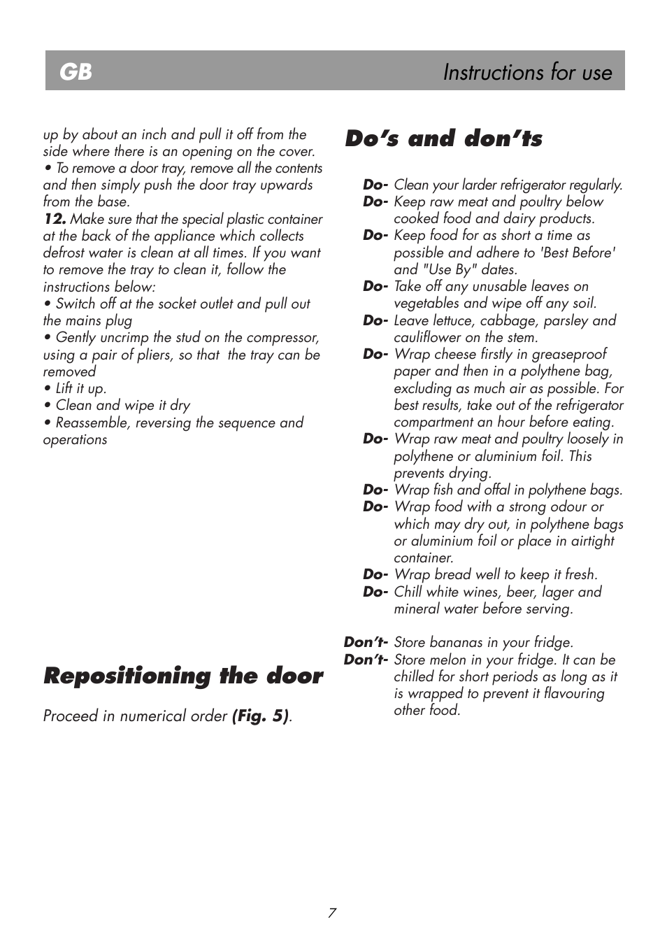 Instructions for use gb, Repositioning the door, Do’s and don’ts | Beko BK 7671 LD PLUS User Manual | Page 12 / 18