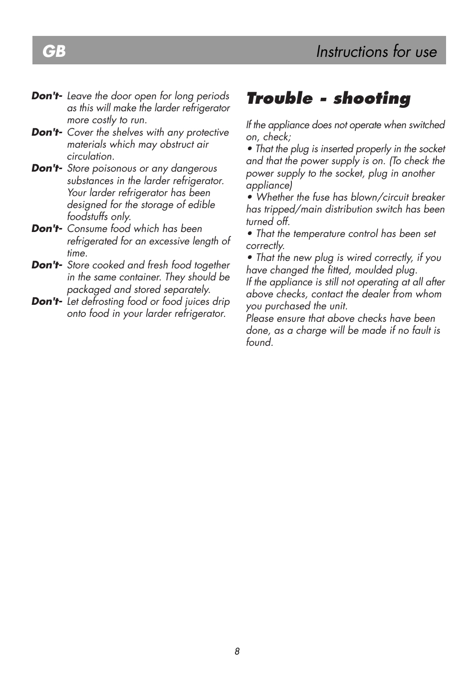 Instructions for use gb, Trouble - shooting | Beko BK 7671 LD PLUS User Manual | Page 13 / 18