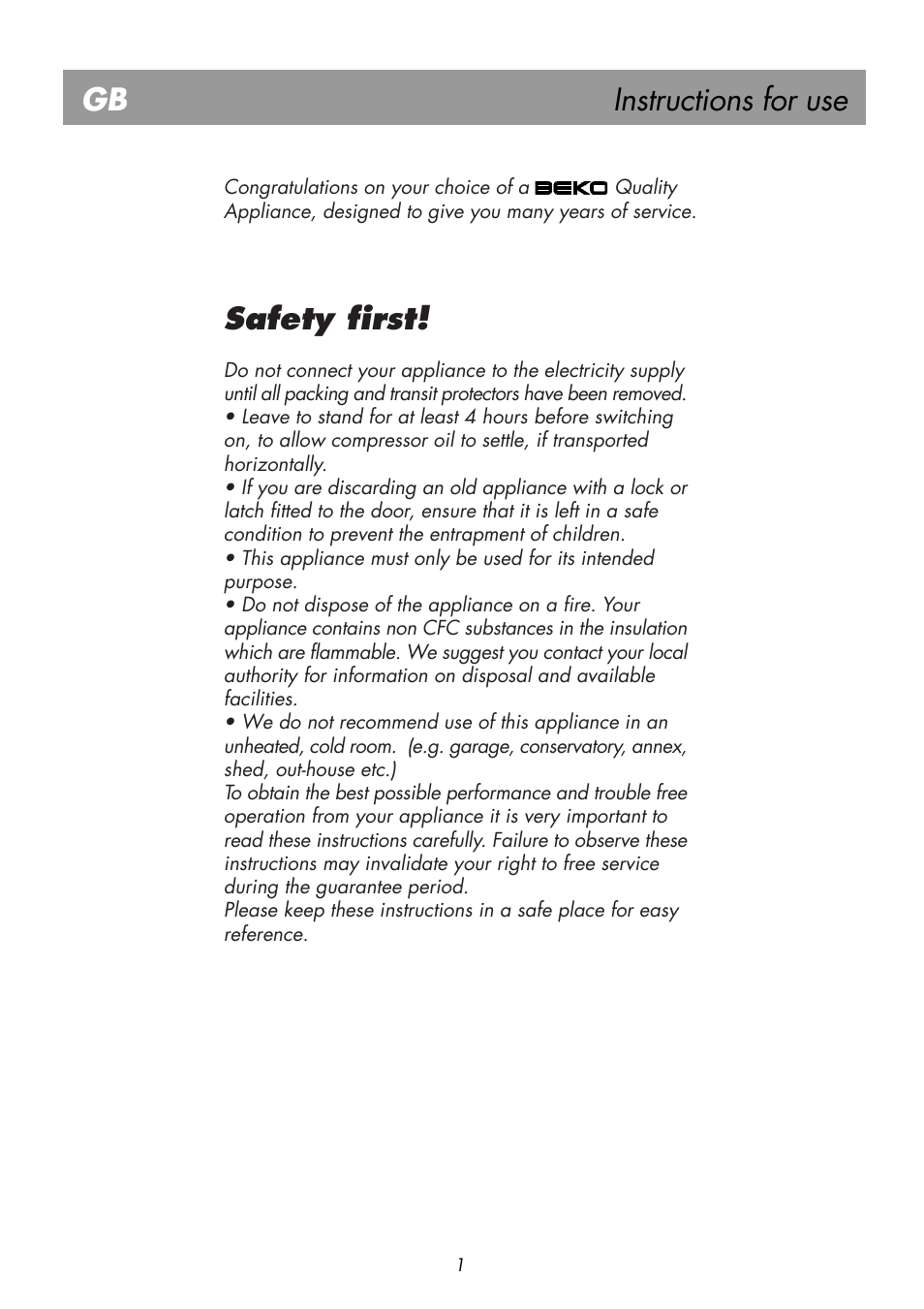 Instructions for use gb, Safety first | Beko BK 7671 LD PLUS User Manual | Page 6 / 18