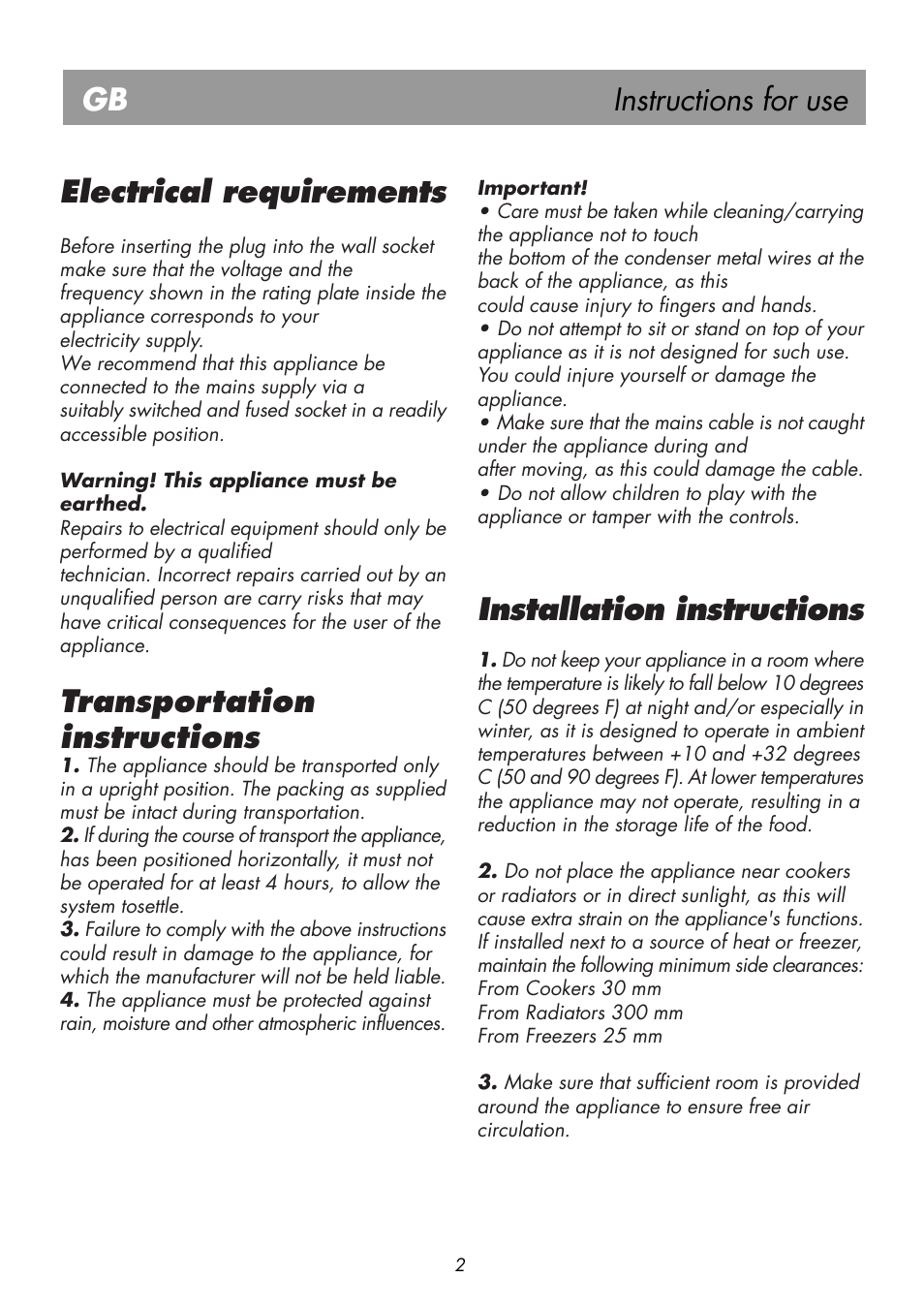 Instructions for use gb, Electrical requirements, Transportation instructions | Installation instructions | Beko BK 7671 LD PLUS User Manual | Page 7 / 18