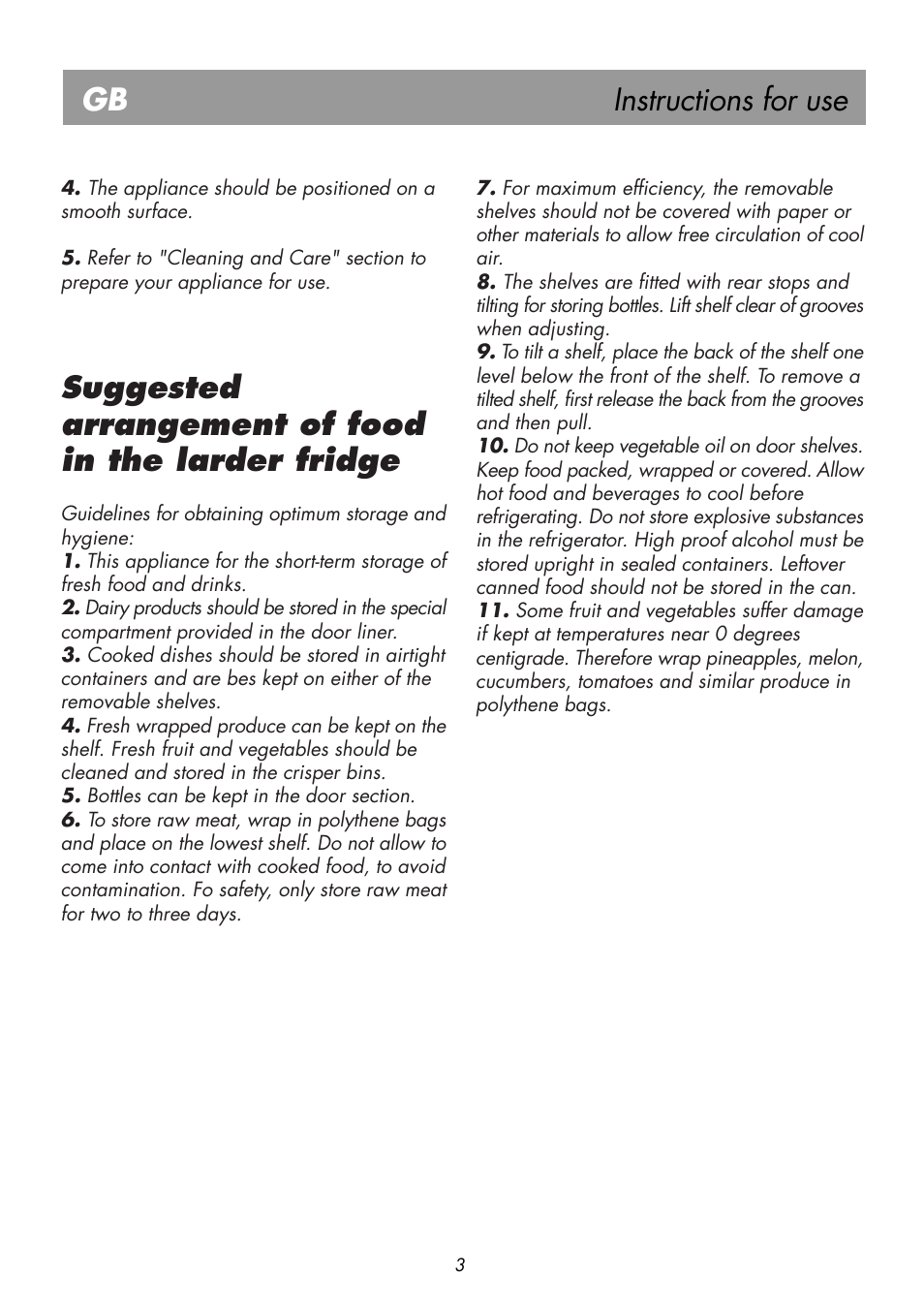 Instructions for use gb, Suggested arrangement of food in the larder fridge | Beko BK 7671 LD PLUS User Manual | Page 8 / 18