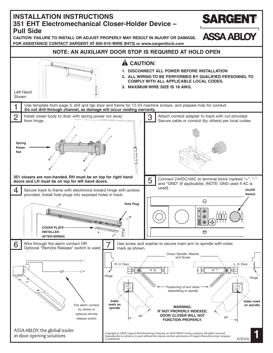 SARGENT 351 EHT/EHTD Electromechanical Closer-Holder User Manual | 6 pages