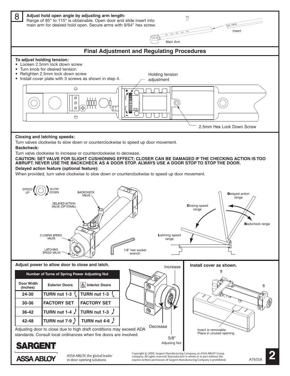 Final adjustment and regulating procedures | SARGENT 351 EHT/EHTD Electromechanical Closer-Holder User Manual | Page 2 / 6