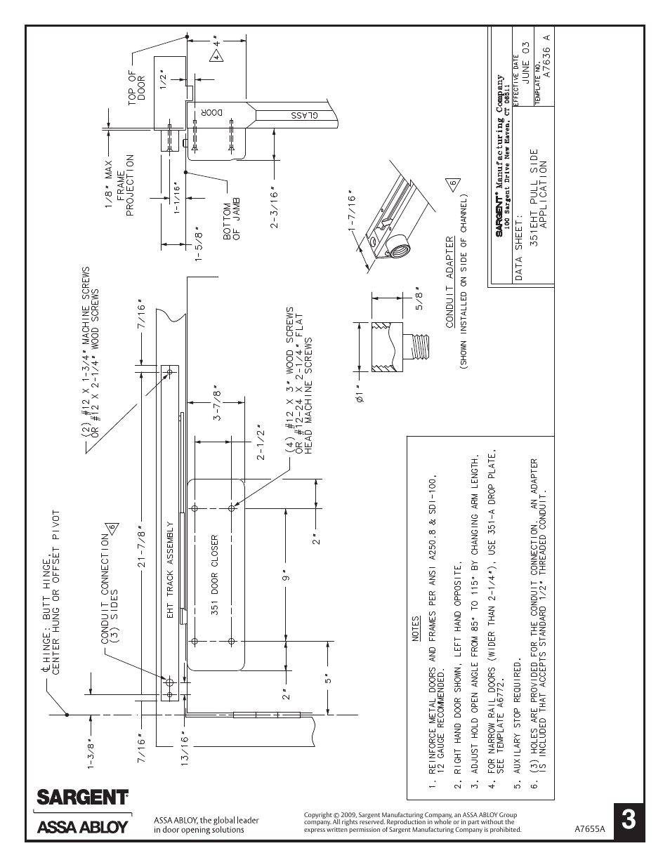 SARGENT 351 EHT/EHTD Electromechanical Closer-Holder User Manual | Page 3 / 6