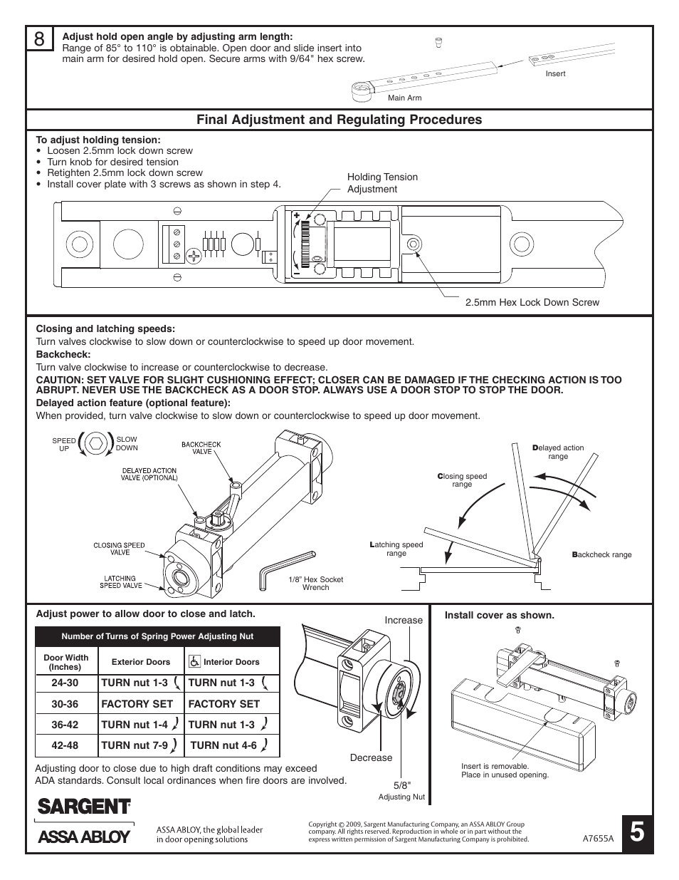 Final adjustment and regulating procedures | SARGENT 351 EHT/EHTD Electromechanical Closer-Holder User Manual | Page 5 / 6