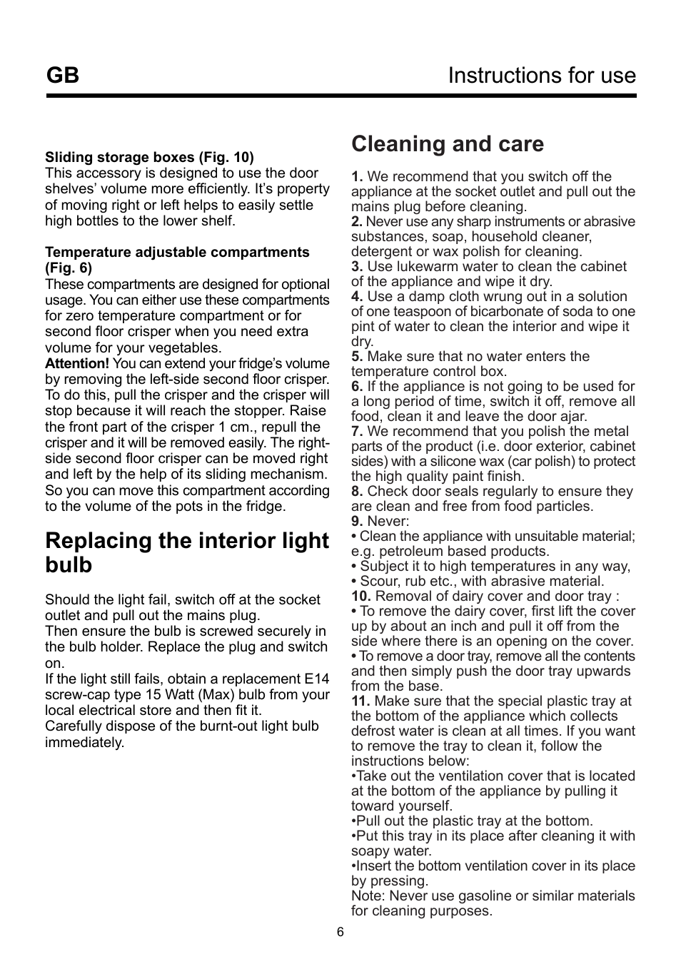 Instructions for use gb cleaning and care, Replacing the interior light bulb | Beko BK 9550 NF User Manual | Page 10 / 11