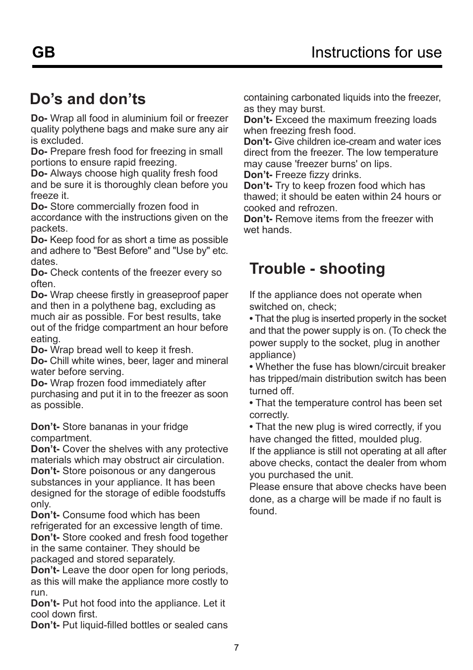 Trouble - shooting, Do’s and don’ts instructions for use gb | Beko BK 9550 NF User Manual | Page 11 / 11