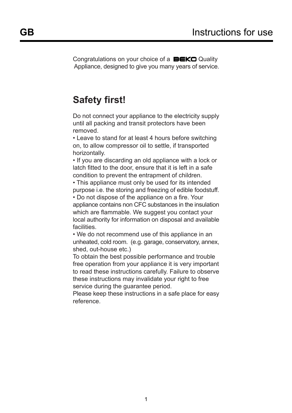 Instructions for use gb, Safety first | Beko BK 9550 NF User Manual | Page 5 / 11