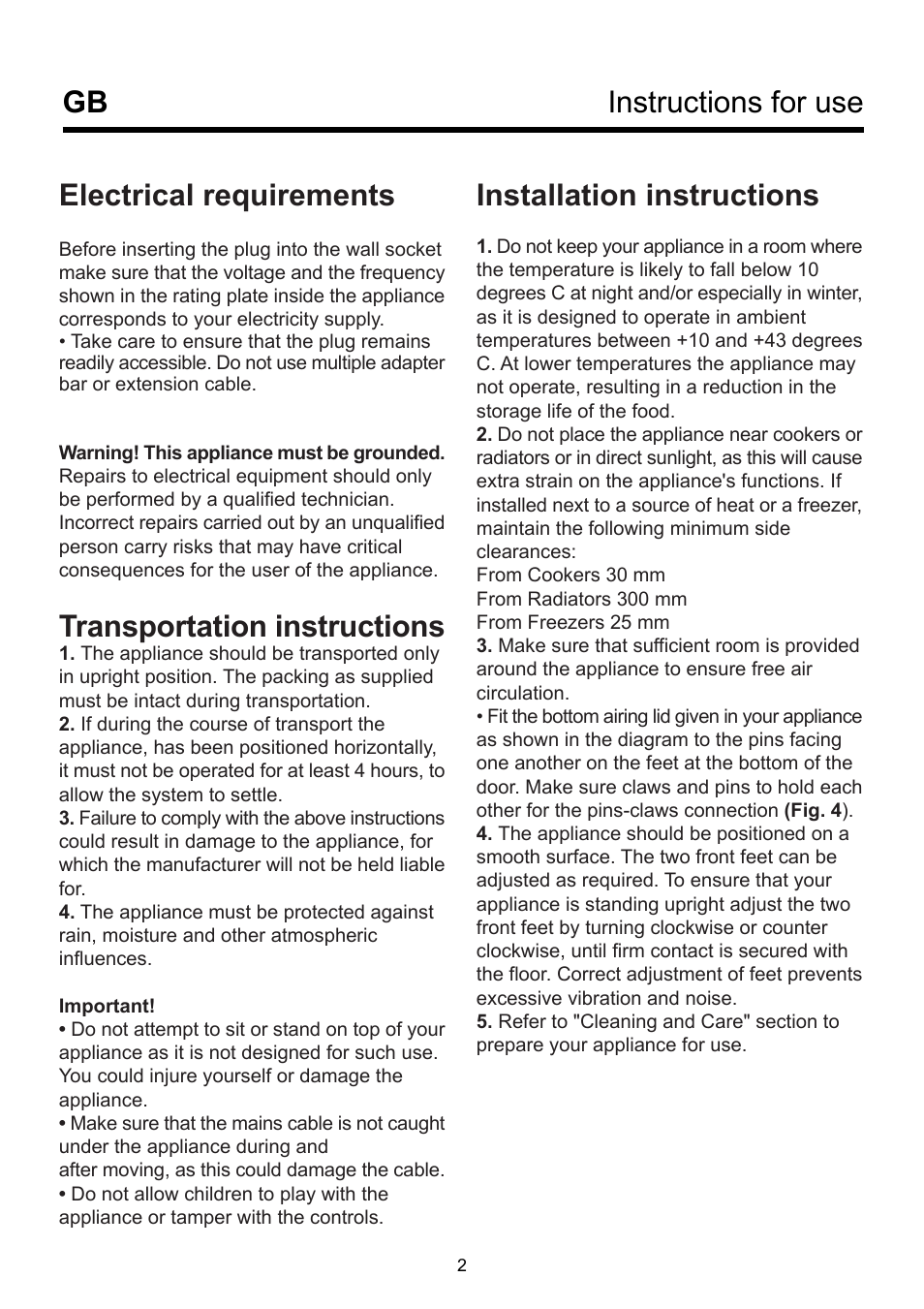 Electrical requirements, Transportation instructions, Installation instructions | Instructions for use gb | Beko BK 9550 NF User Manual | Page 6 / 11