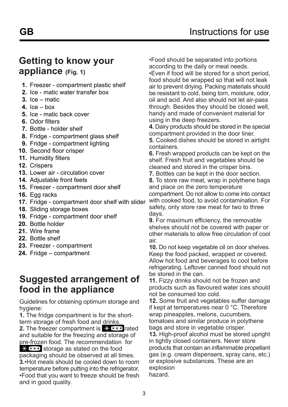 Suggested arrangement of food in the appliance, Getting to know your appliance, Instructions for use gb | Beko BK 9550 NF User Manual | Page 7 / 11