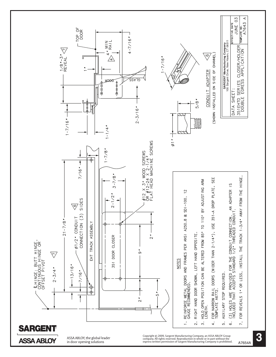 SARGENT 351 EHT/EHTD Electromechanical Closer-Holder User Manual | Page 3 / 3