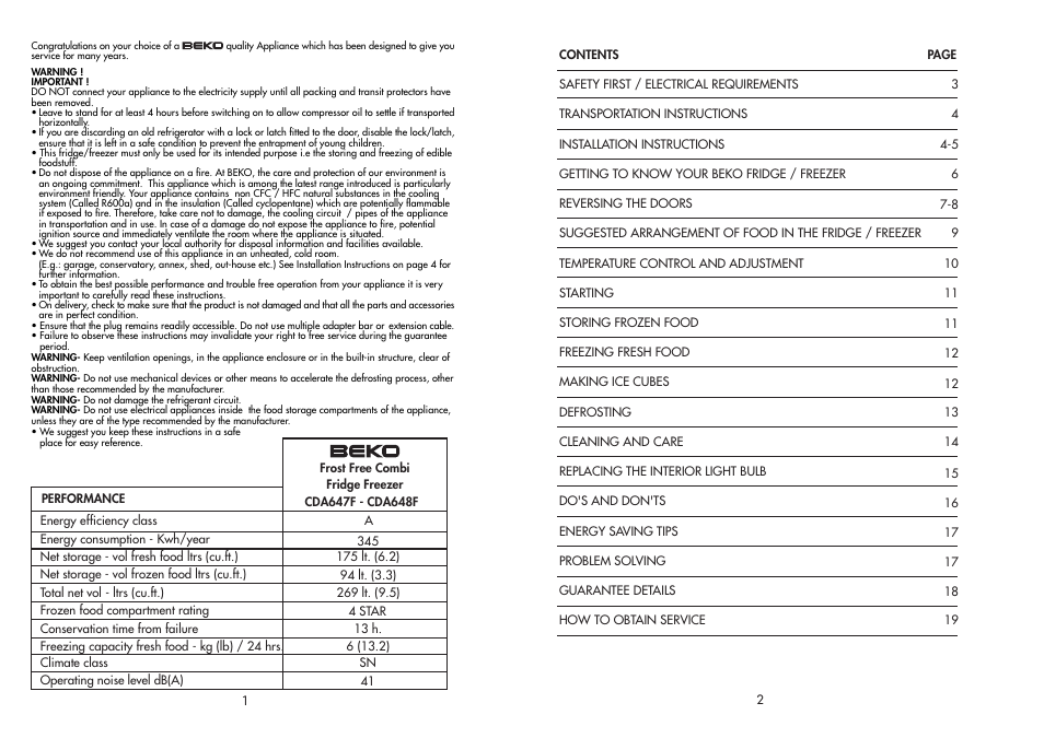 Beko FROST FREE COMBI CDA 647 F User Manual | Page 2 / 11