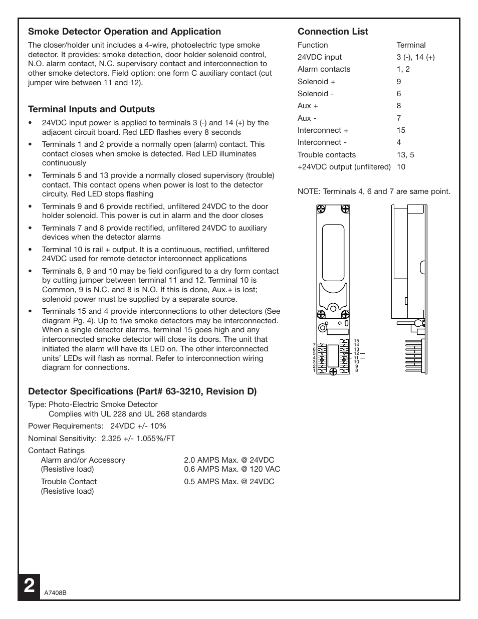 Smoke detector operation and application, Terminal inputs and outputs, Connection list | SARGENT 2900 Fire Guard Electromechanical Closer-Holder User Manual | Page 2 / 8