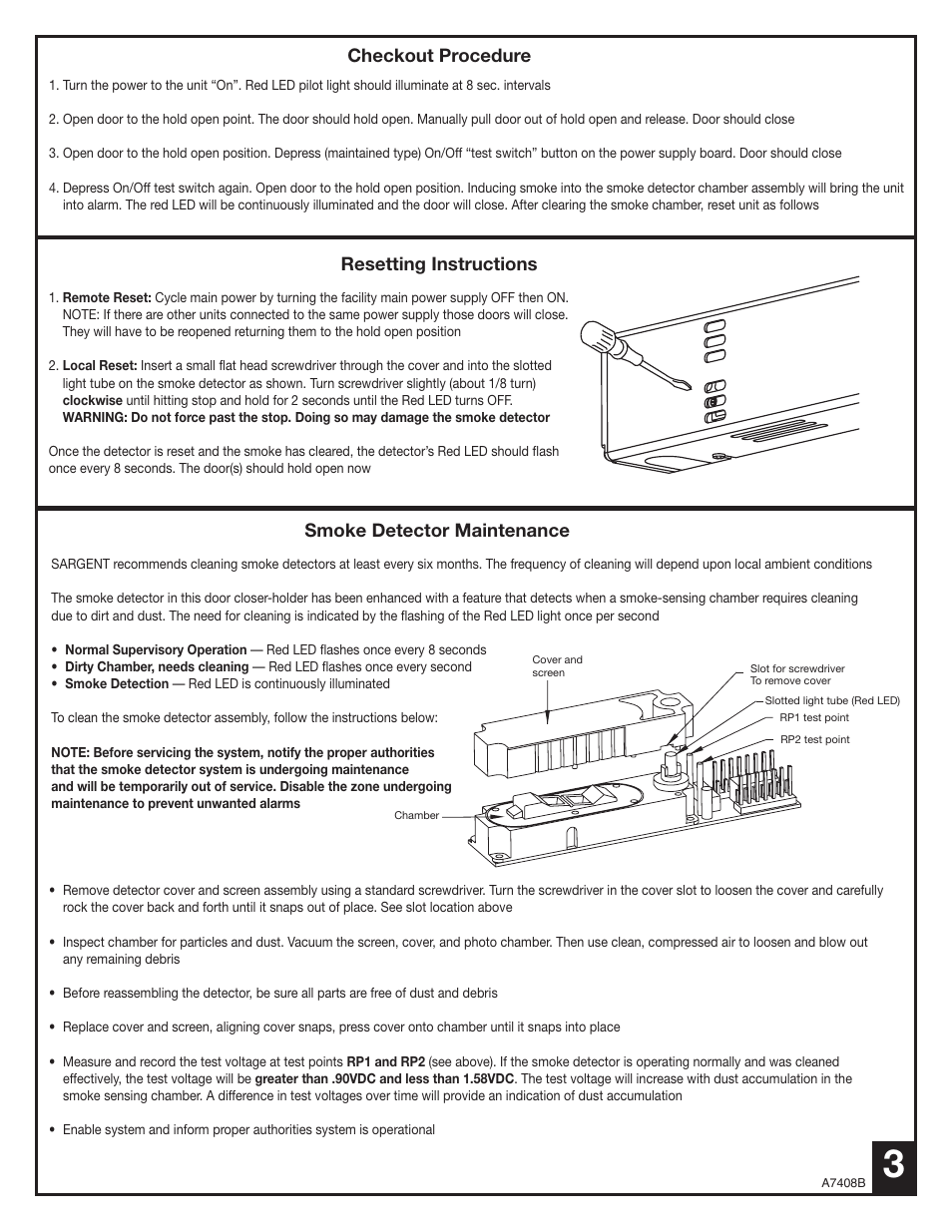 Checkout procedure, Resetting instructions, Smoke detector maintenance | SARGENT 2900 Fire Guard Electromechanical Closer-Holder User Manual | Page 3 / 8