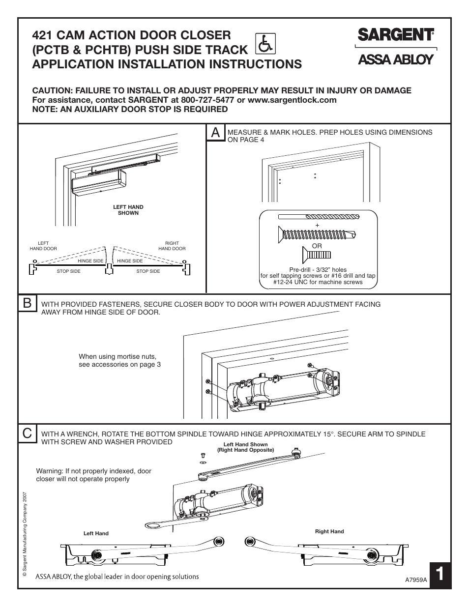 SARGENT 421 Cam Action User Manual | 4 pages