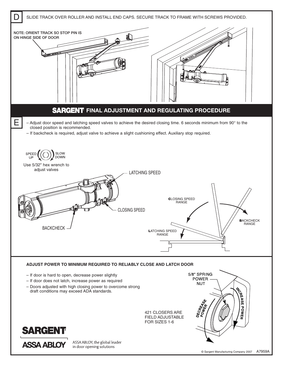 Final adjustment and regulating procedure | SARGENT 421 Cam Action User Manual | Page 2 / 4