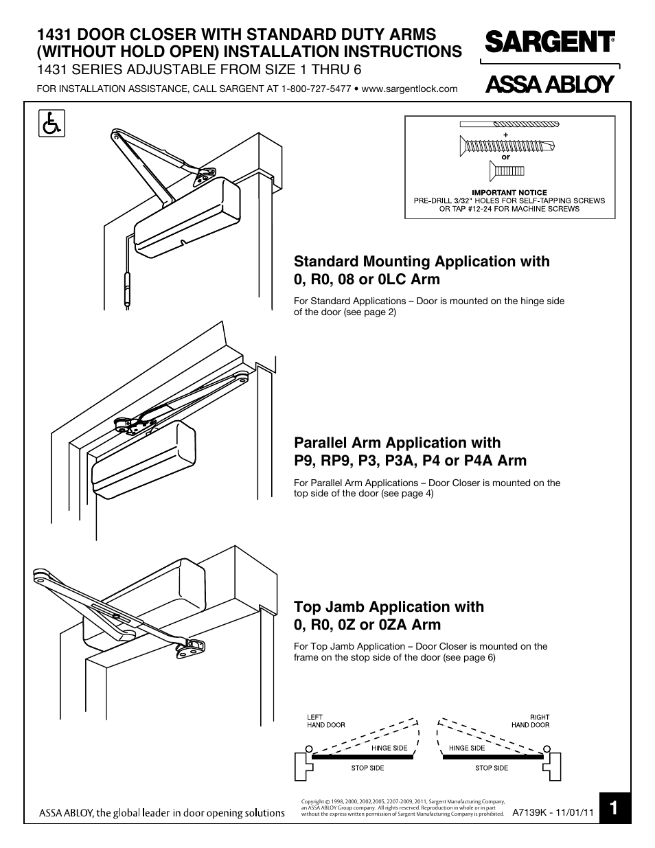 SARGENT 1431 Series Aluminum Closer User Manual | 8 pages