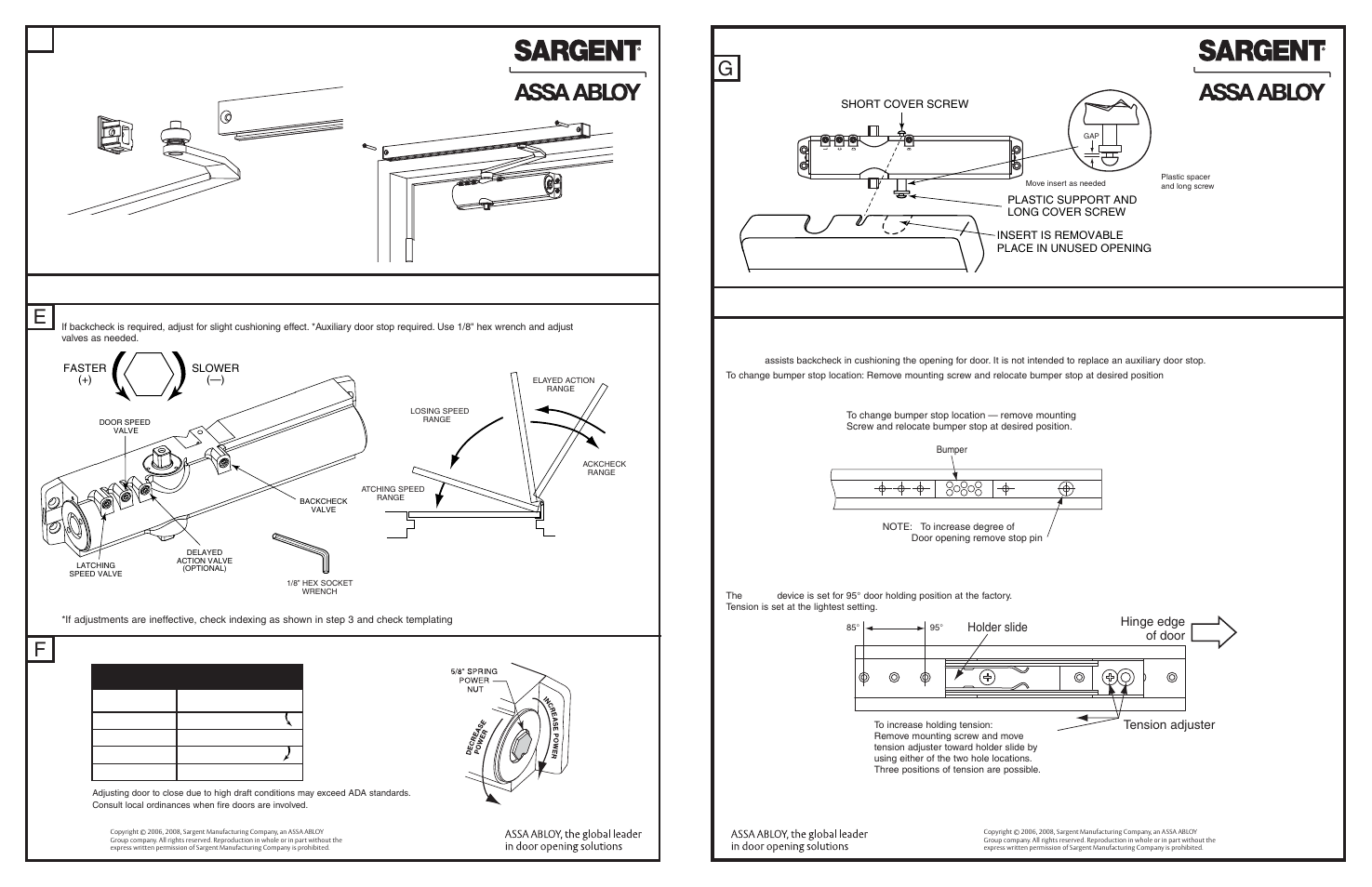 Options, Final adjustment and regulating procedures, Adjustments for “b” and “h” option “b” option | H” option, Tension adjuster hinge edge of door holder slide | SARGENT 5800 & 12-5800 Alarmed Exit Hardware User Manual | Page 2 / 4