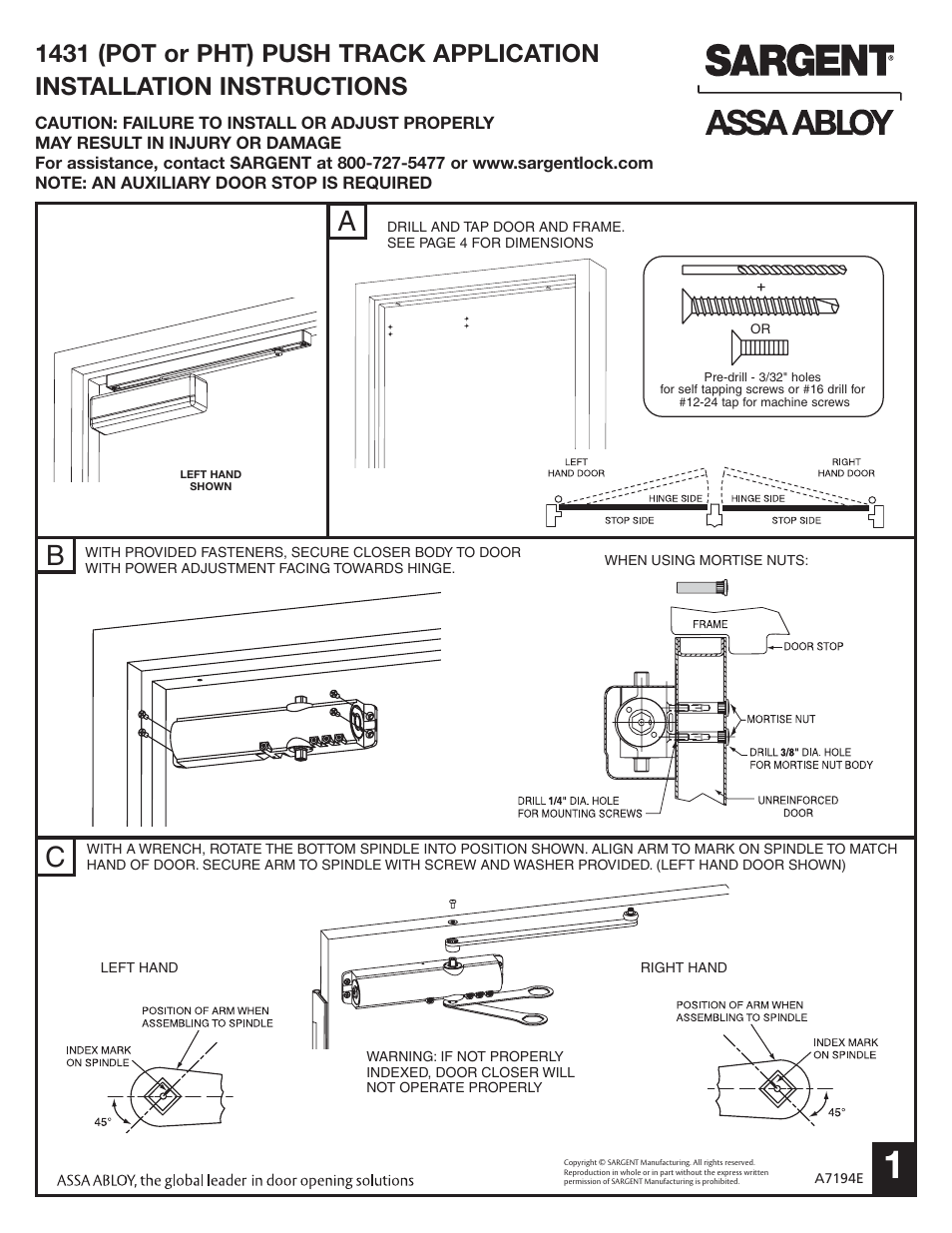 SARGENT 1431 Series Aluminum Closer User Manual | 4 pages