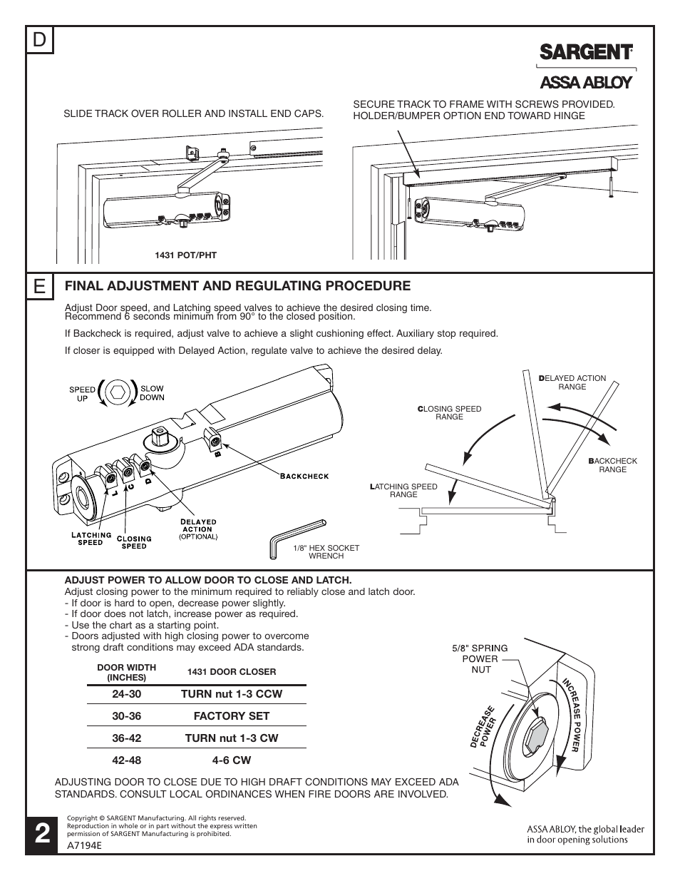 Final adjustment and regulating procedure | SARGENT 1431 Series Aluminum Closer User Manual | Page 2 / 4