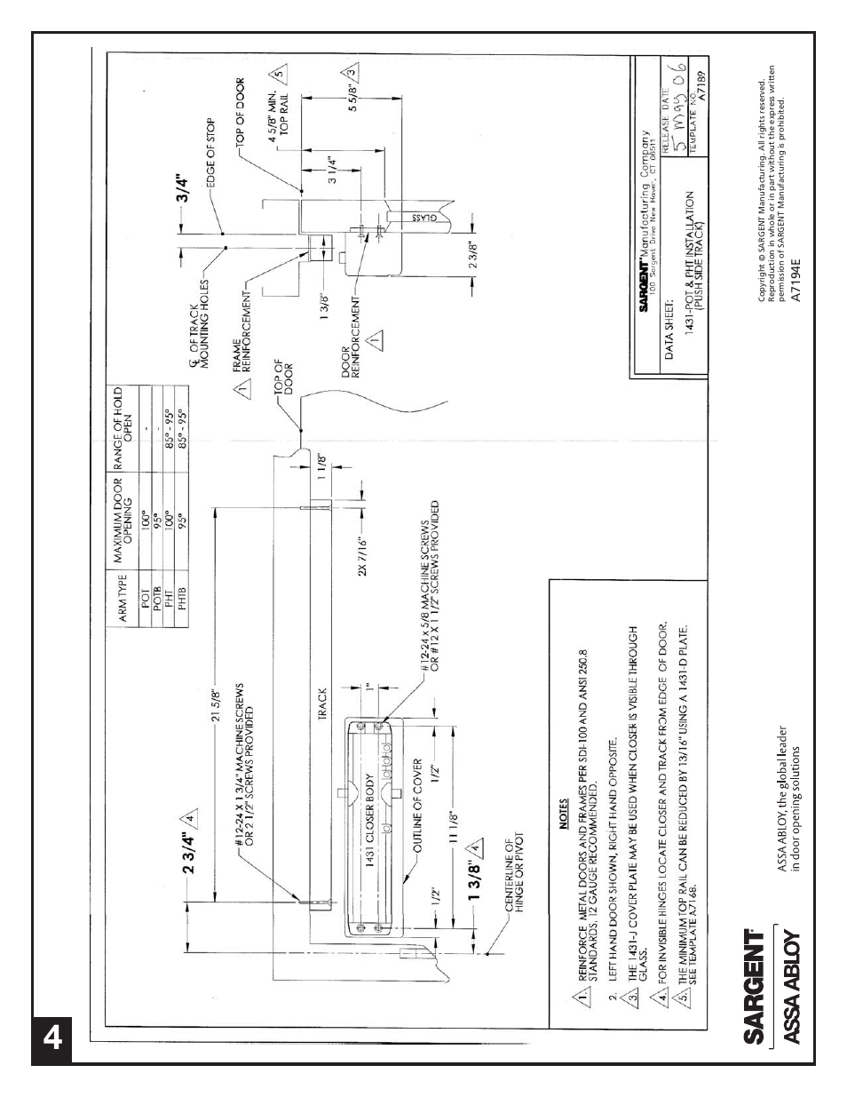 SARGENT 1431 Series Aluminum Closer User Manual | Page 4 / 4