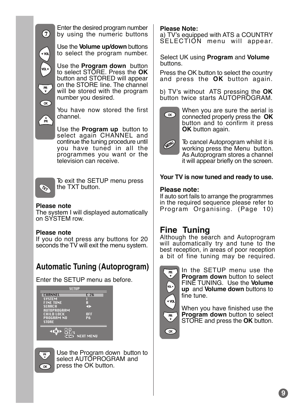 Automatic tuning (autoprogram), Fine tuning | Beko E1 User Manual | Page 10 / 22