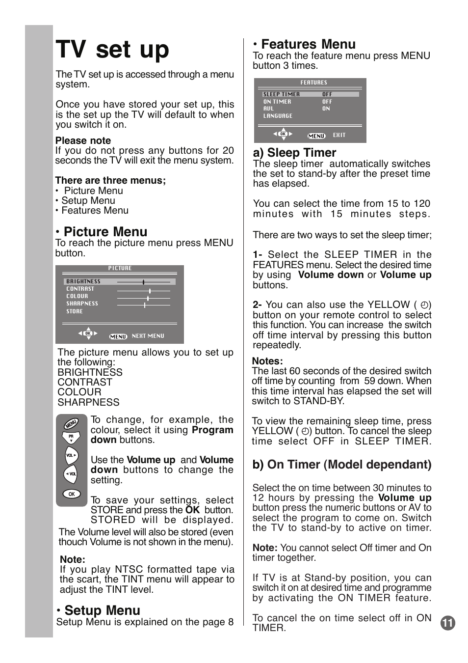 Tv set up, Setup menu, Features menu | Picture menu, A) sleep timer, B) on timer (model dependant) | Beko E1 User Manual | Page 12 / 22