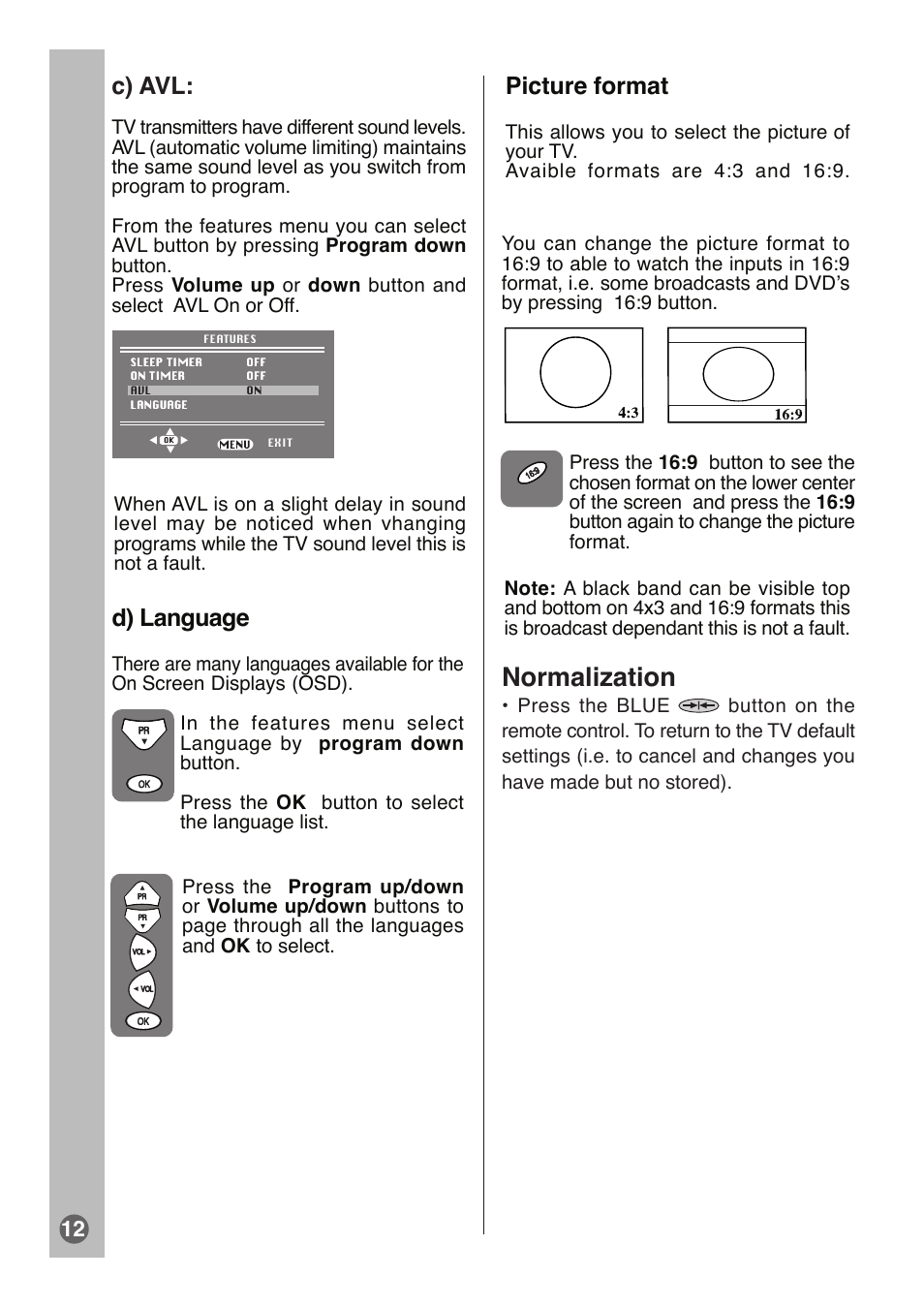 Normalization, D) language, Picture format | C) avl | Beko E1 User Manual | Page 13 / 22