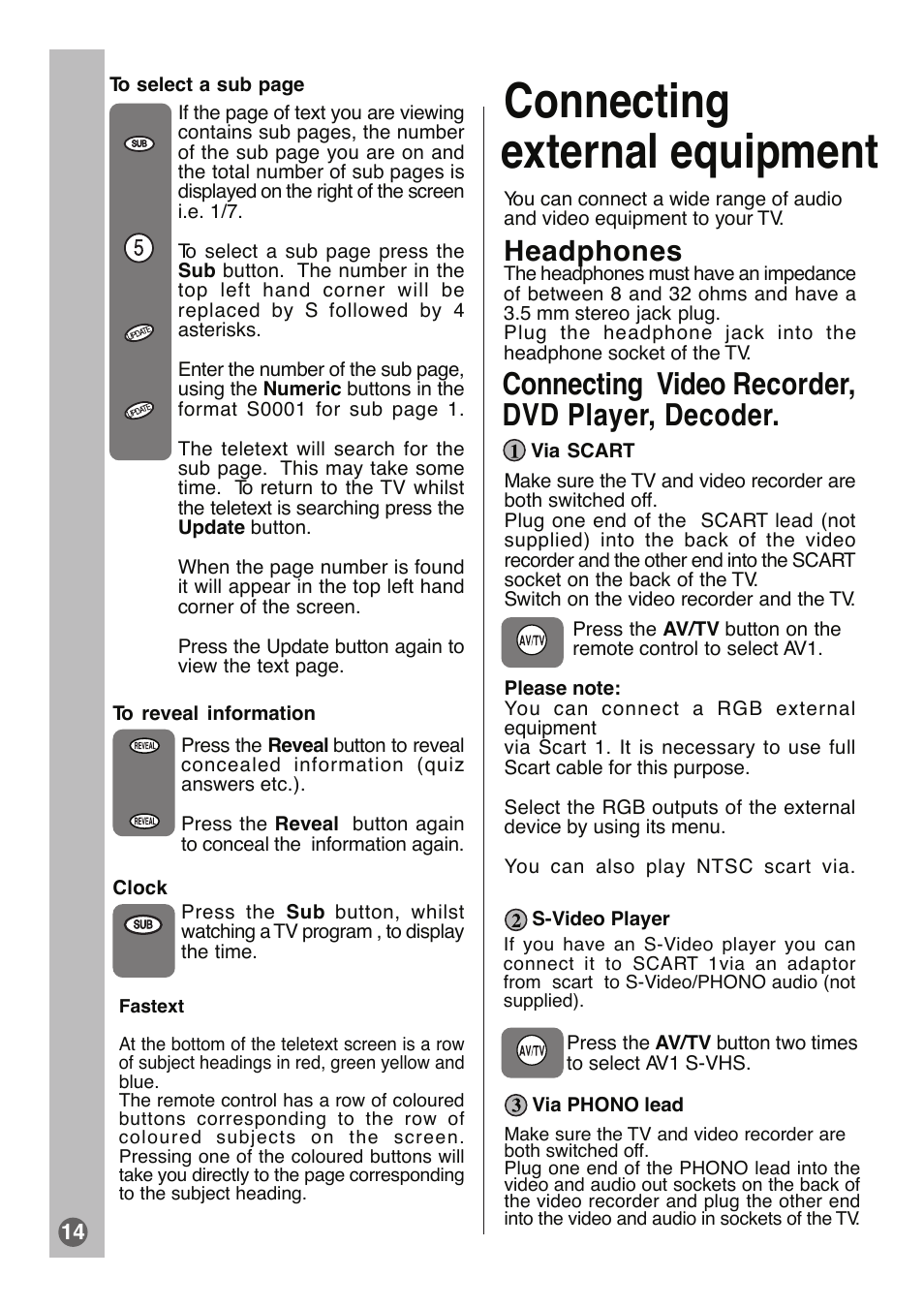 Connecting external equipment, Connecting video recorder, dvd player, decoder, Headphones | Beko E1 User Manual | Page 15 / 22