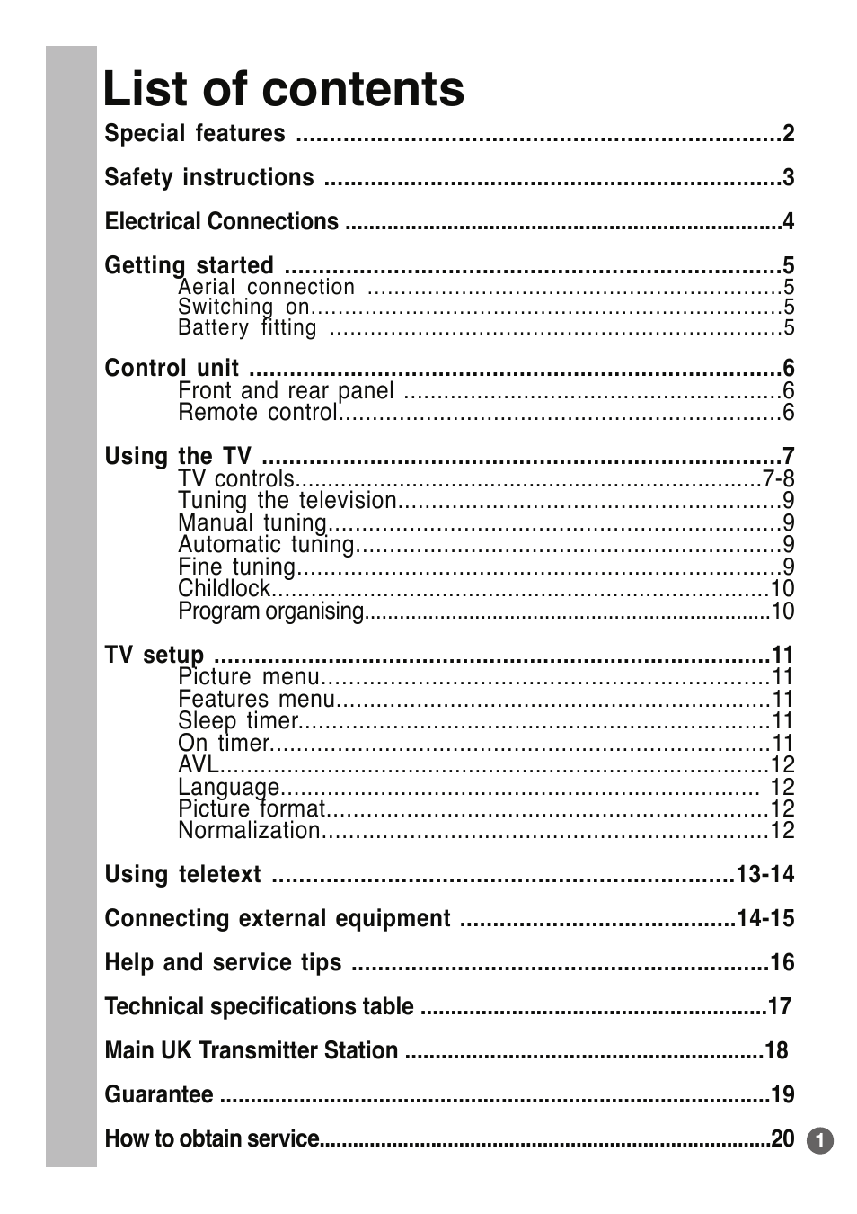 List of contents | Beko E1 User Manual | Page 2 / 22