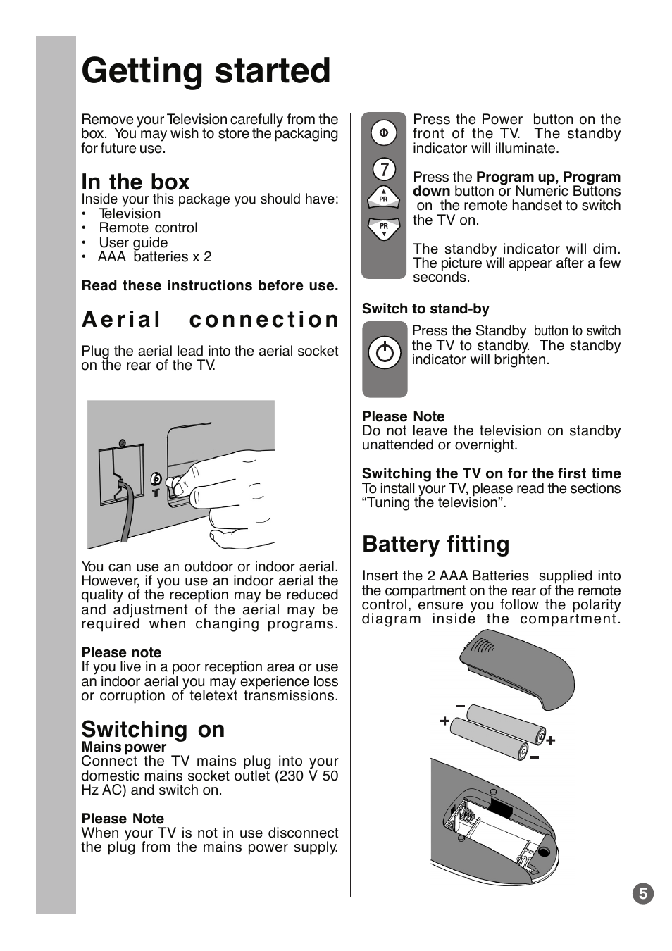 Getting started, Switching on, Battery fitting | Beko E1 User Manual | Page 6 / 22
