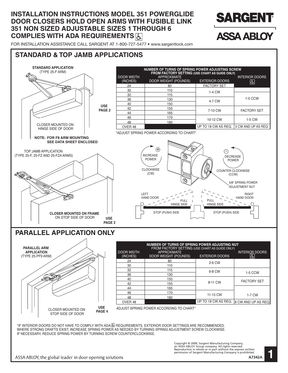 SARGENT 351 Series Aluminum Closer User Manual | 6 pages