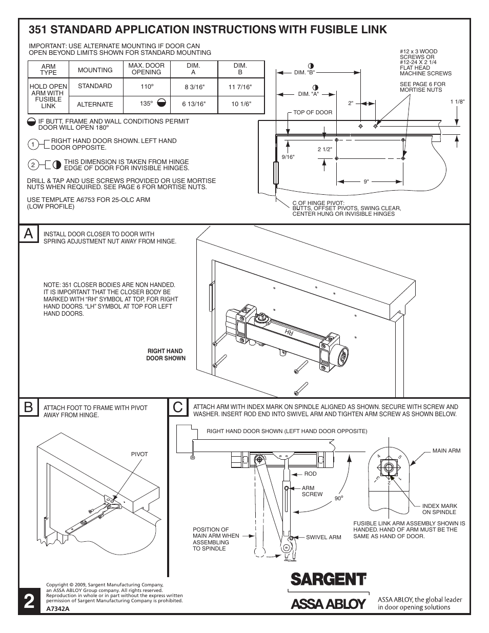 Ab c | SARGENT 351 Series Aluminum Closer User Manual | Page 2 / 6