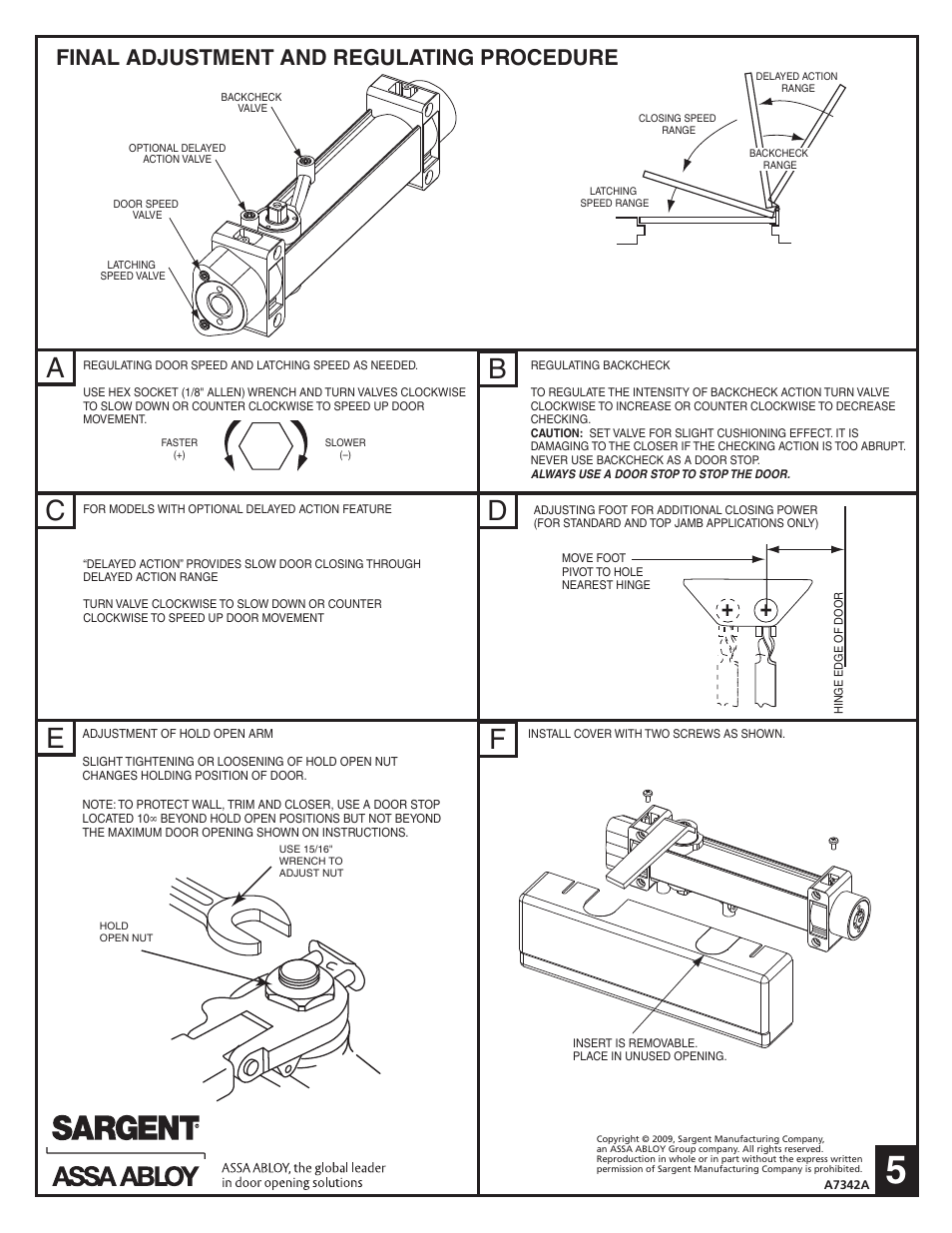 Final adjustment and regulating procedure | SARGENT 351 Series Aluminum Closer User Manual | Page 5 / 6