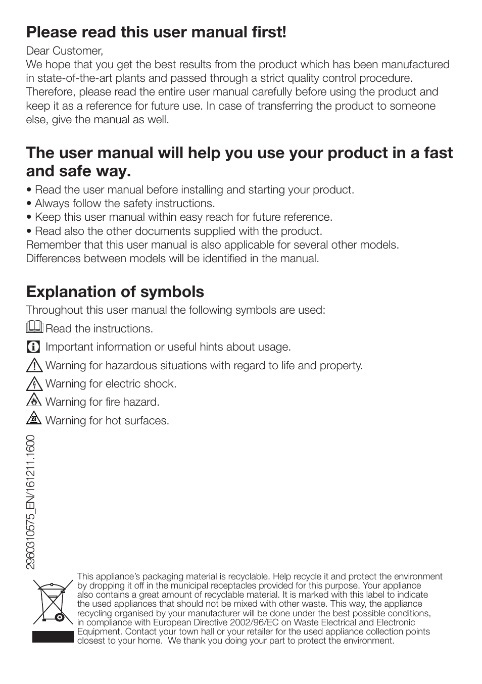 Please read this user manual first, Explanation of symbols | Beko DP 8045 CW User Manual | Page 2 / 36