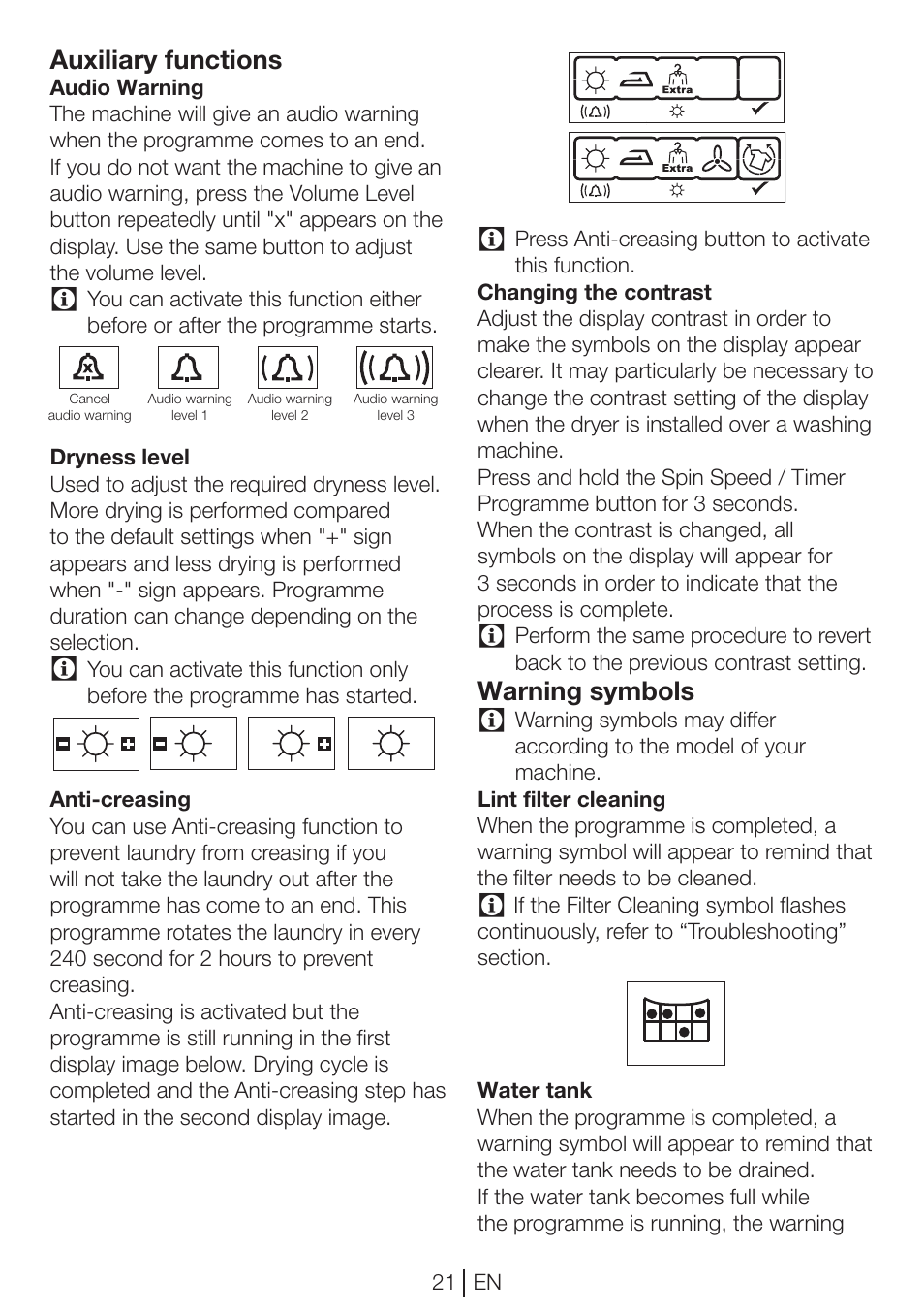 Auxiliary functions, Warning symbols, 21 en en 2 | Beko DP 8045 CW User Manual | Page 21 / 36