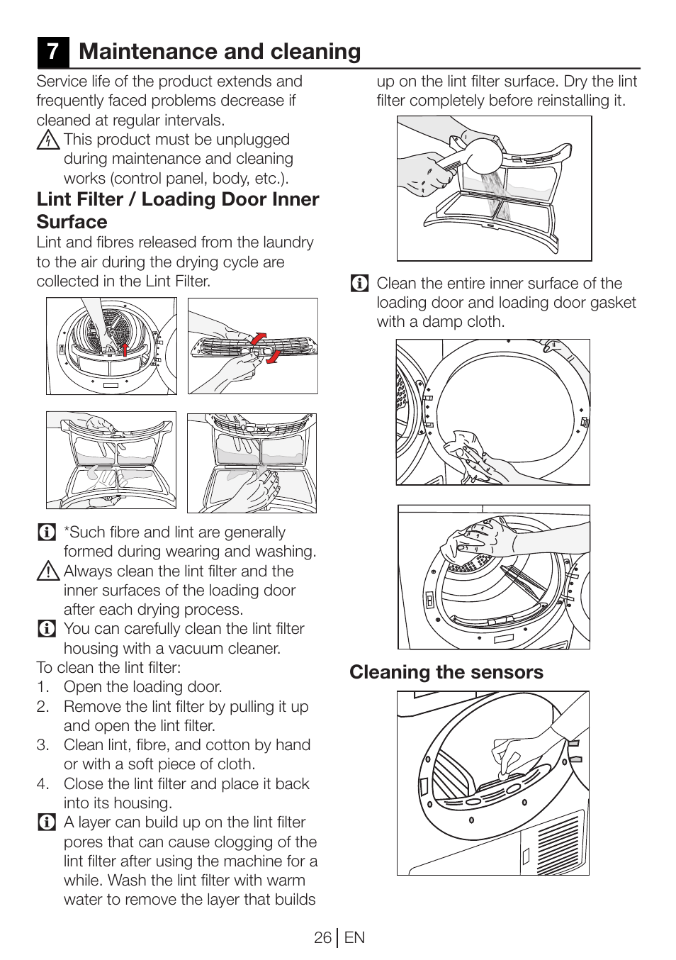 7maintenance and cleaning | Beko DP 8045 CW User Manual | Page 26 / 36