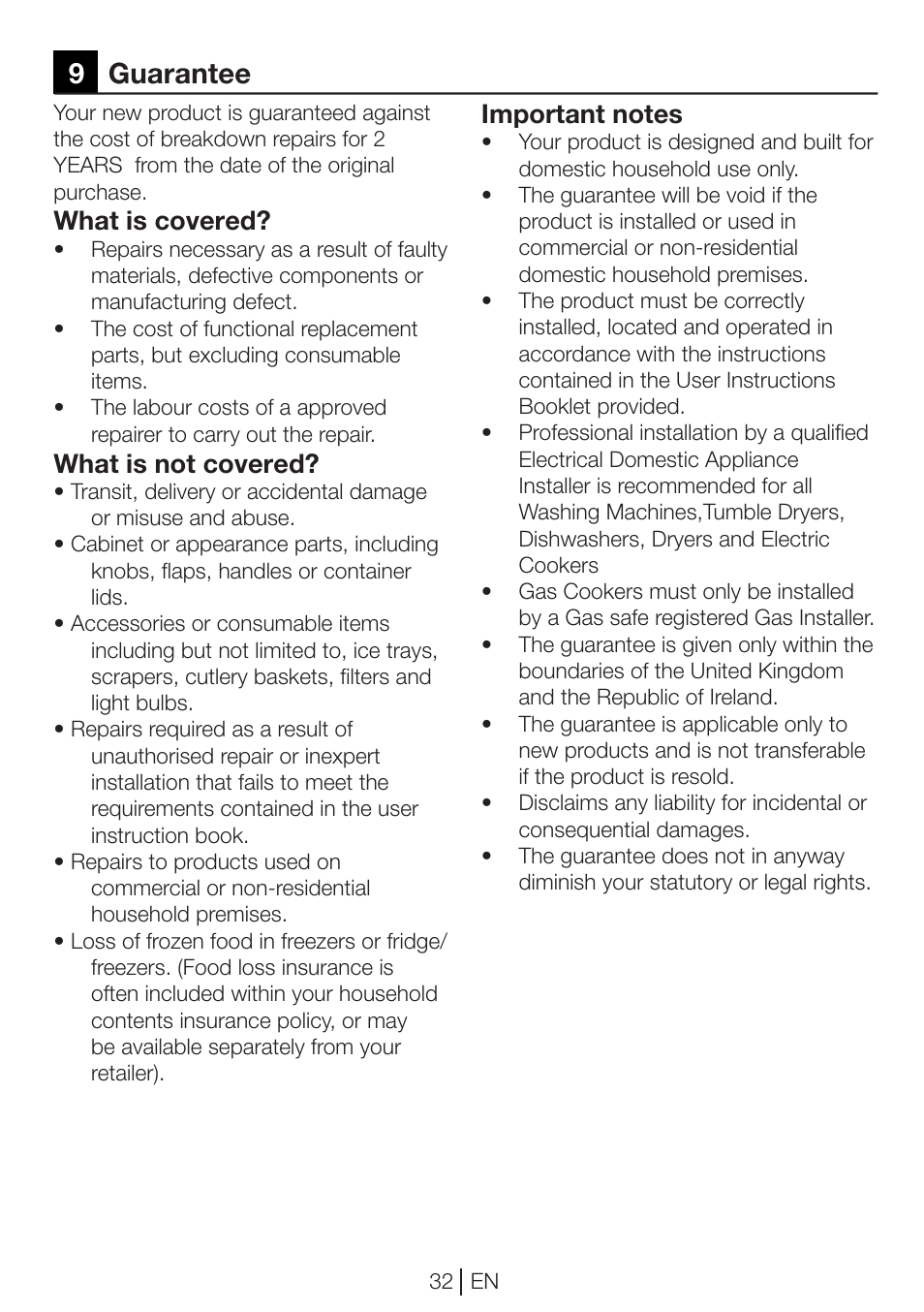 9 guarantee, What is covered, What is not covered | Beko DP 8045 CW User Manual | Page 32 / 36