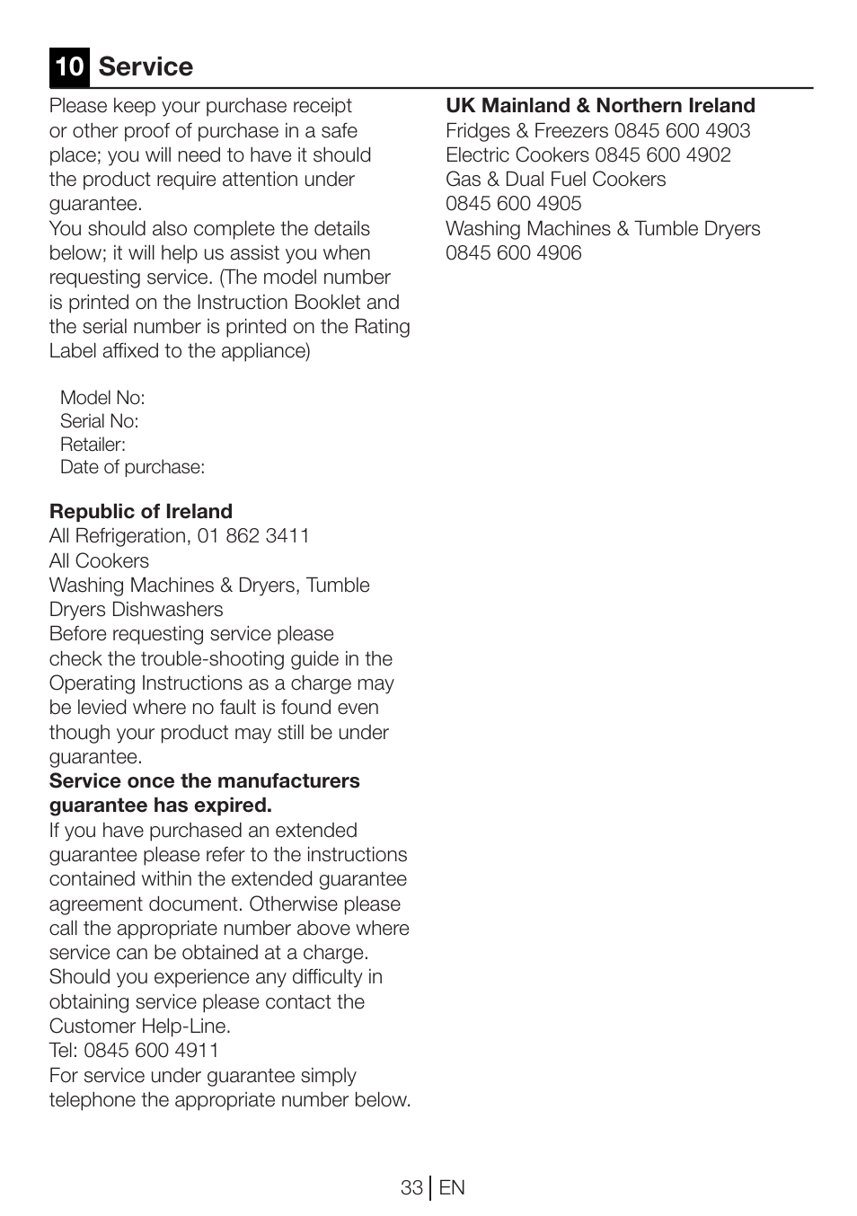 10 service | Beko DP 8045 CW User Manual | Page 33 / 36