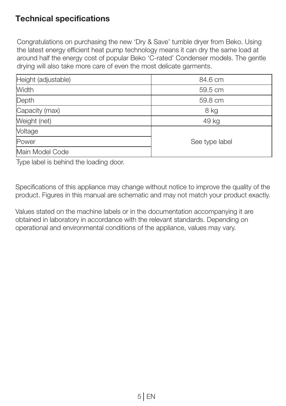 Technical specifications | Beko DP 8045 CW User Manual | Page 5 / 36