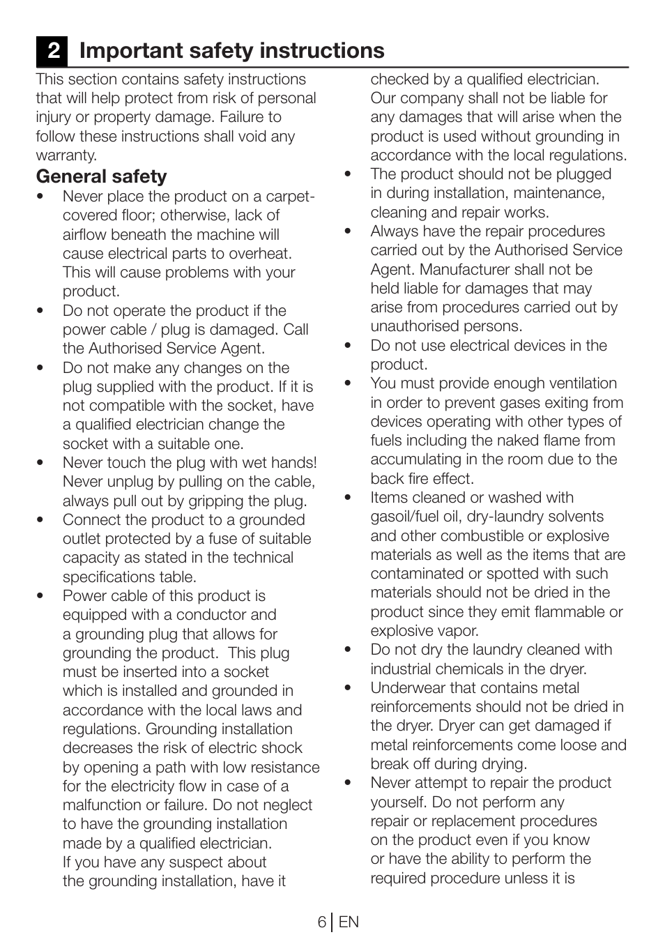 2important safety instructions, General safety | Beko DP 8045 CW User Manual | Page 6 / 36