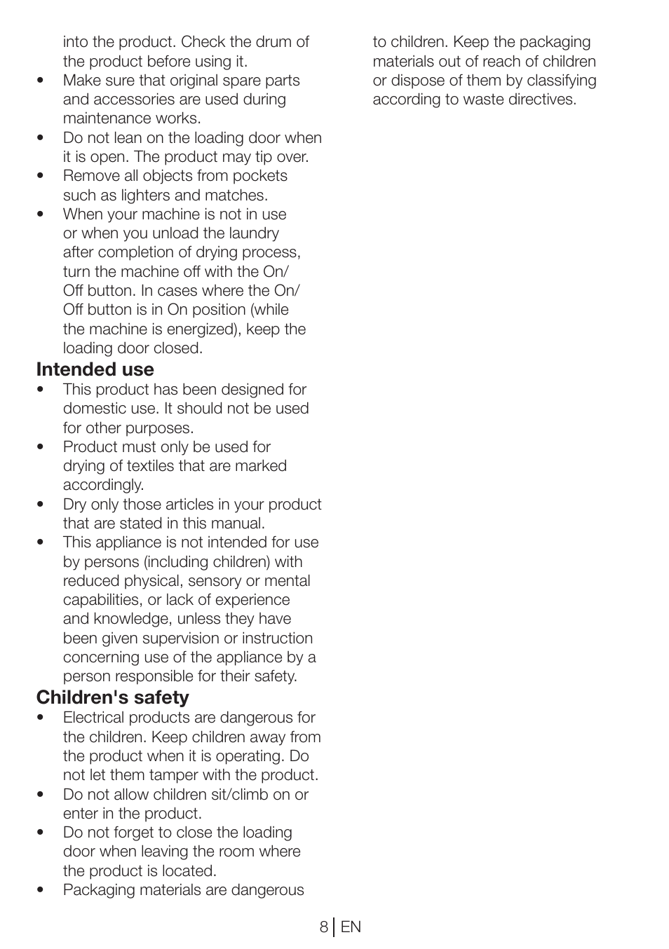 Intended use, Children's safety | Beko DP 8045 CW User Manual | Page 8 / 36