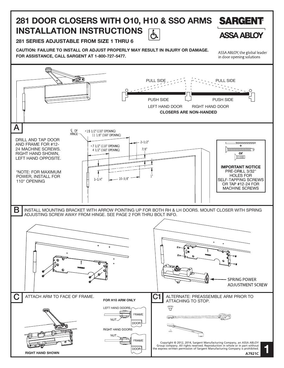 SARGENT 281 Series Cast Iron Closer User Manual | 4 pages