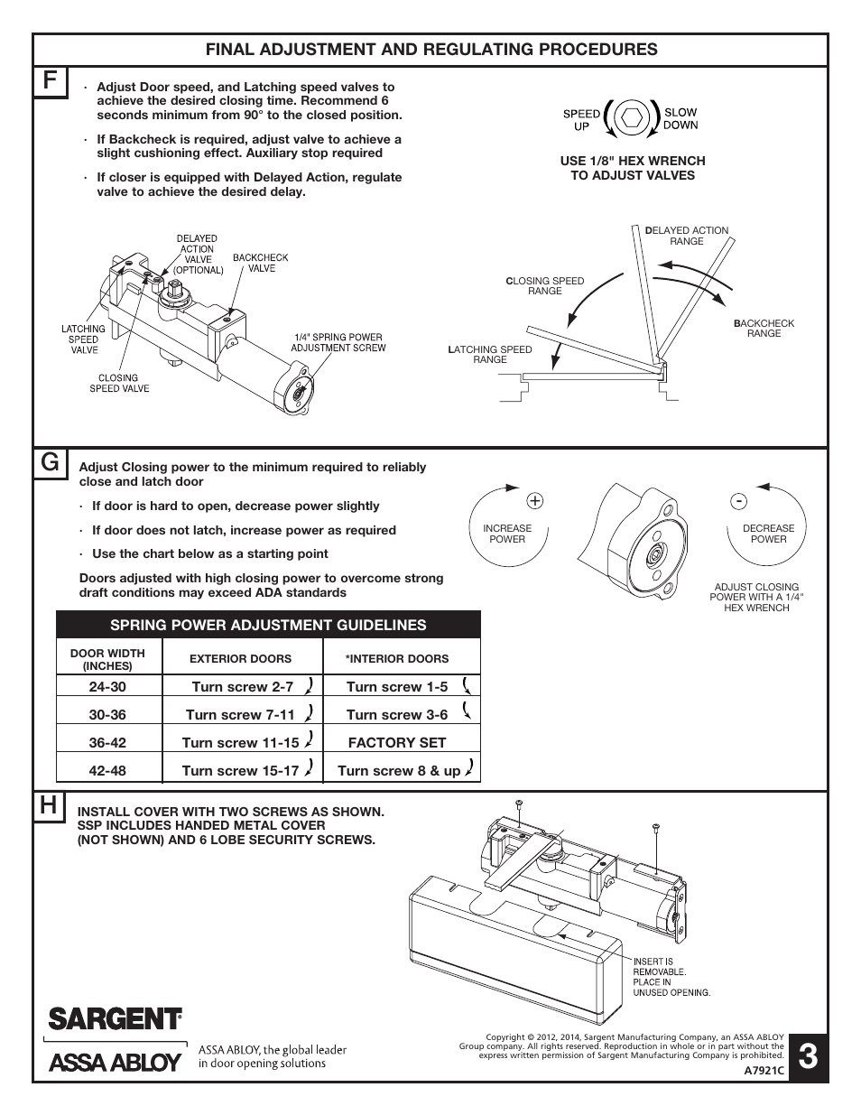 Final adjustment and regulating procedures | SARGENT 281 Series Cast Iron Closer User Manual | Page 3 / 4