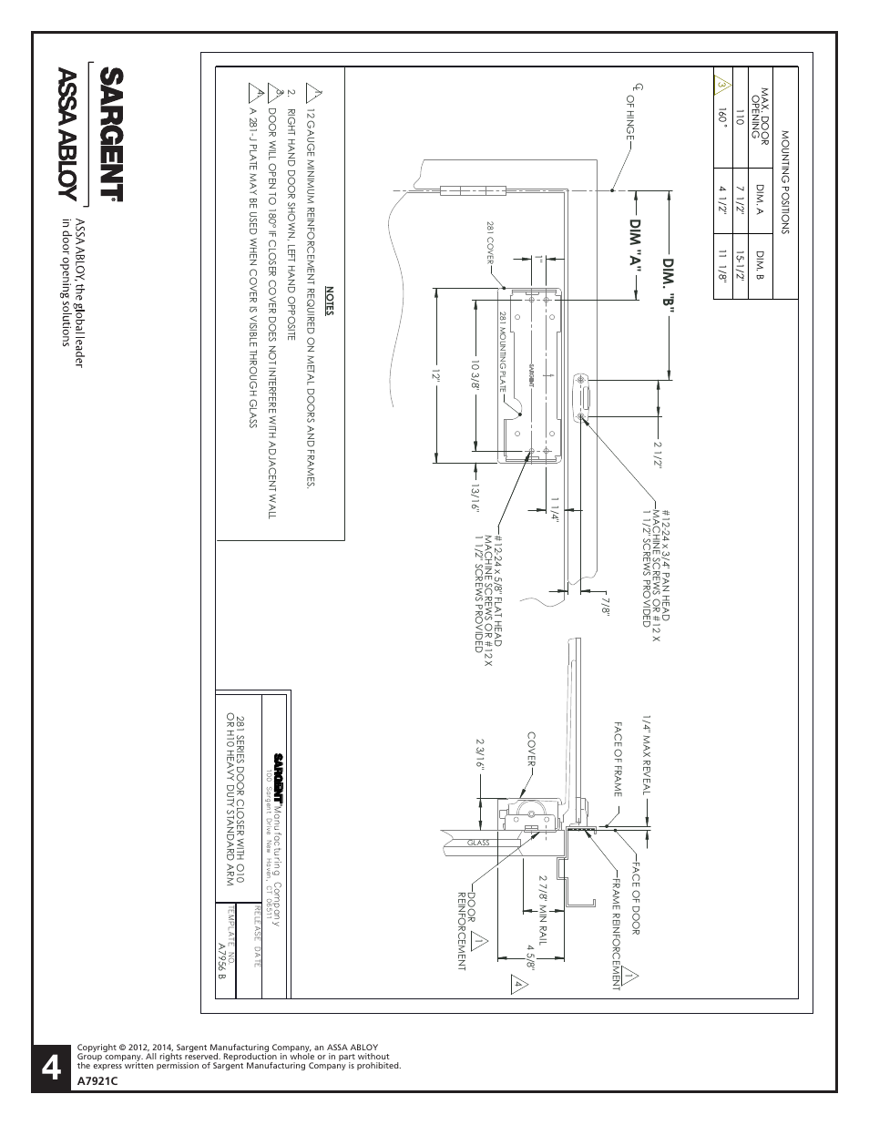 Dim. "b " d im "a, A7921c | SARGENT 281 Series Cast Iron Closer User Manual | Page 4 / 4