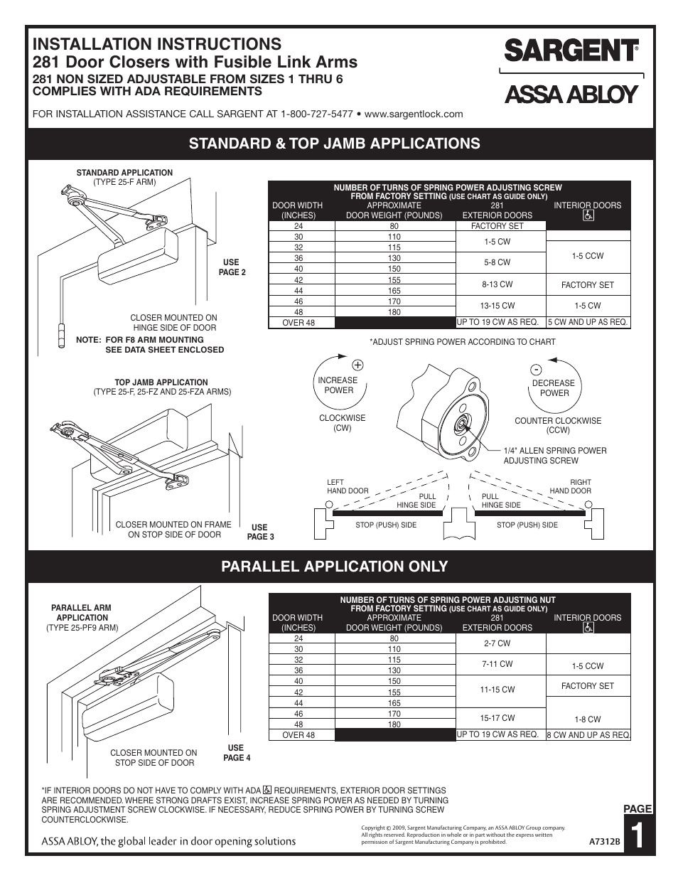 SARGENT 281 Series Cast Iron Closer User Manual | 6 pages