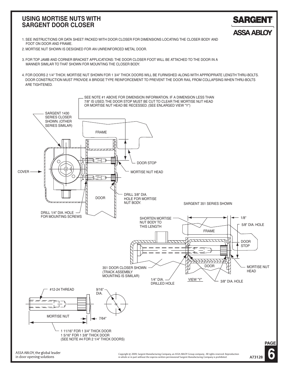Using mortise nuts with sargent door closer | SARGENT 281 Series Cast Iron Closer User Manual | Page 6 / 6