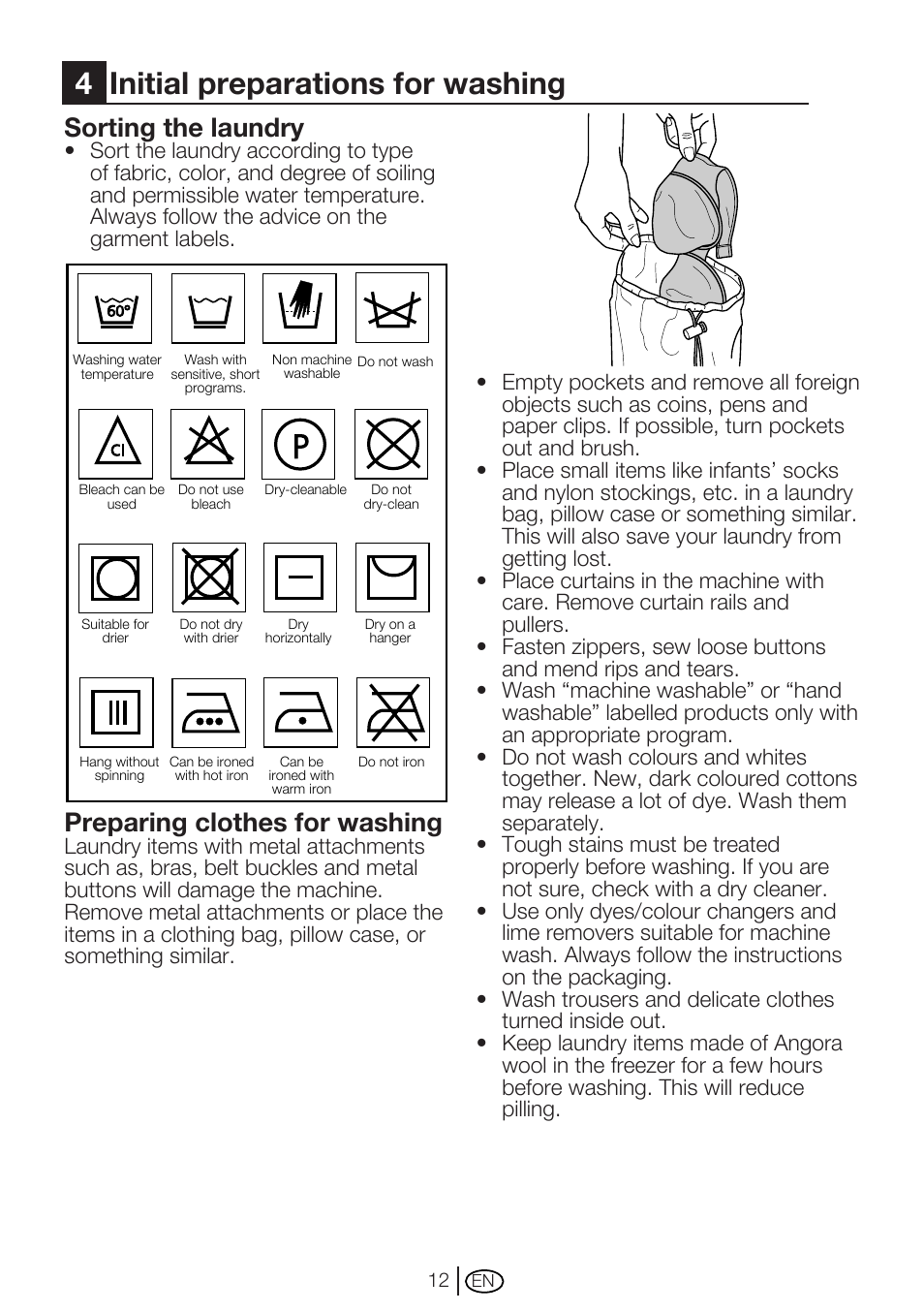 4initial preparations for washing, Sorting the laundry, Preparing clothes for washing | Beko WM 6133 W User Manual | Page 12 / 36