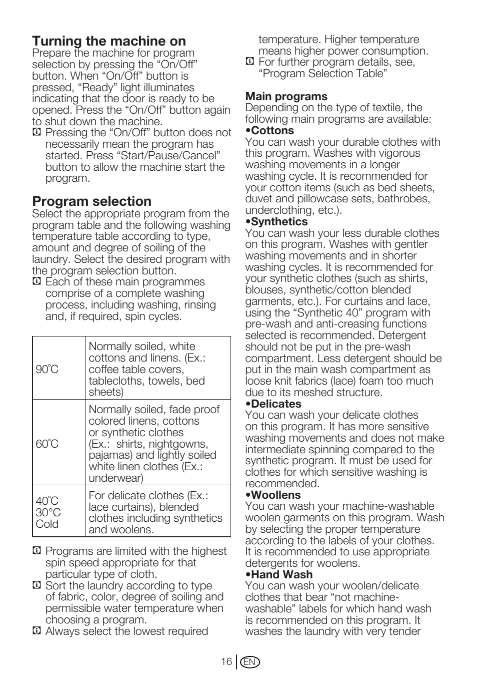 Turning the machine on, Program selection | Beko WM 6133 W User Manual | Page 16 / 36